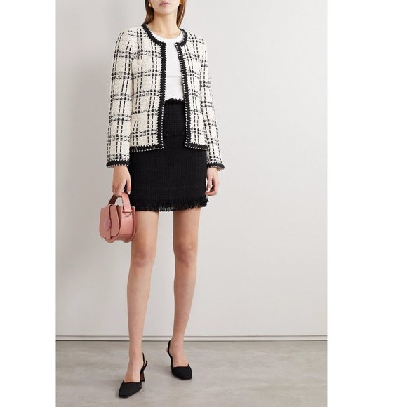 TORY BURCH KENDRA CHIFFON-TRIMMED LINEN-BLEND TWEED JACKET